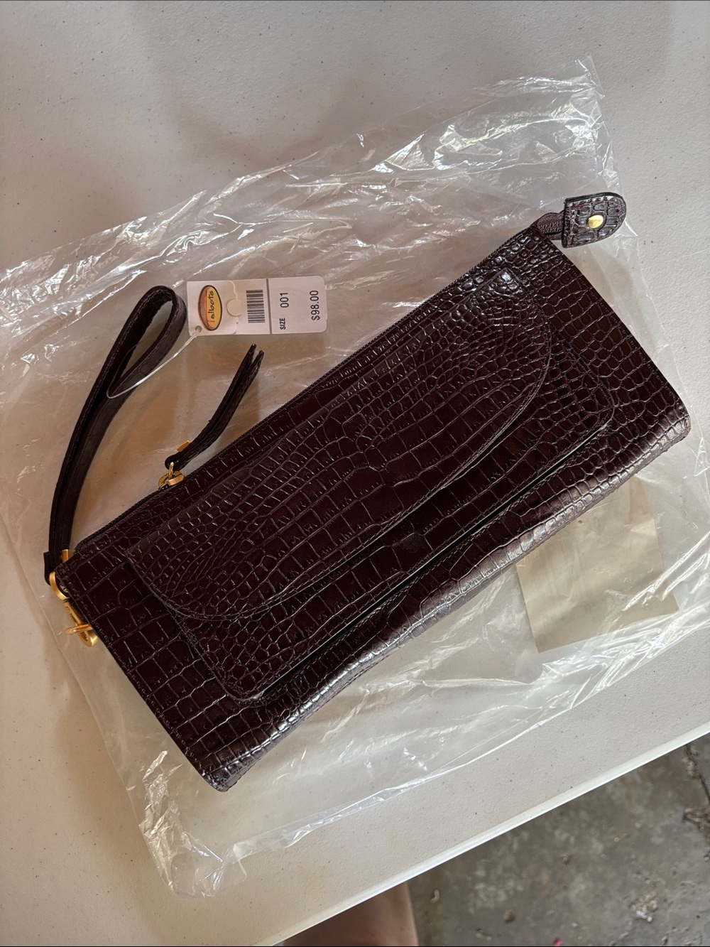 Talbots Dark Brown Croc-Embossed Wristlet Clutch